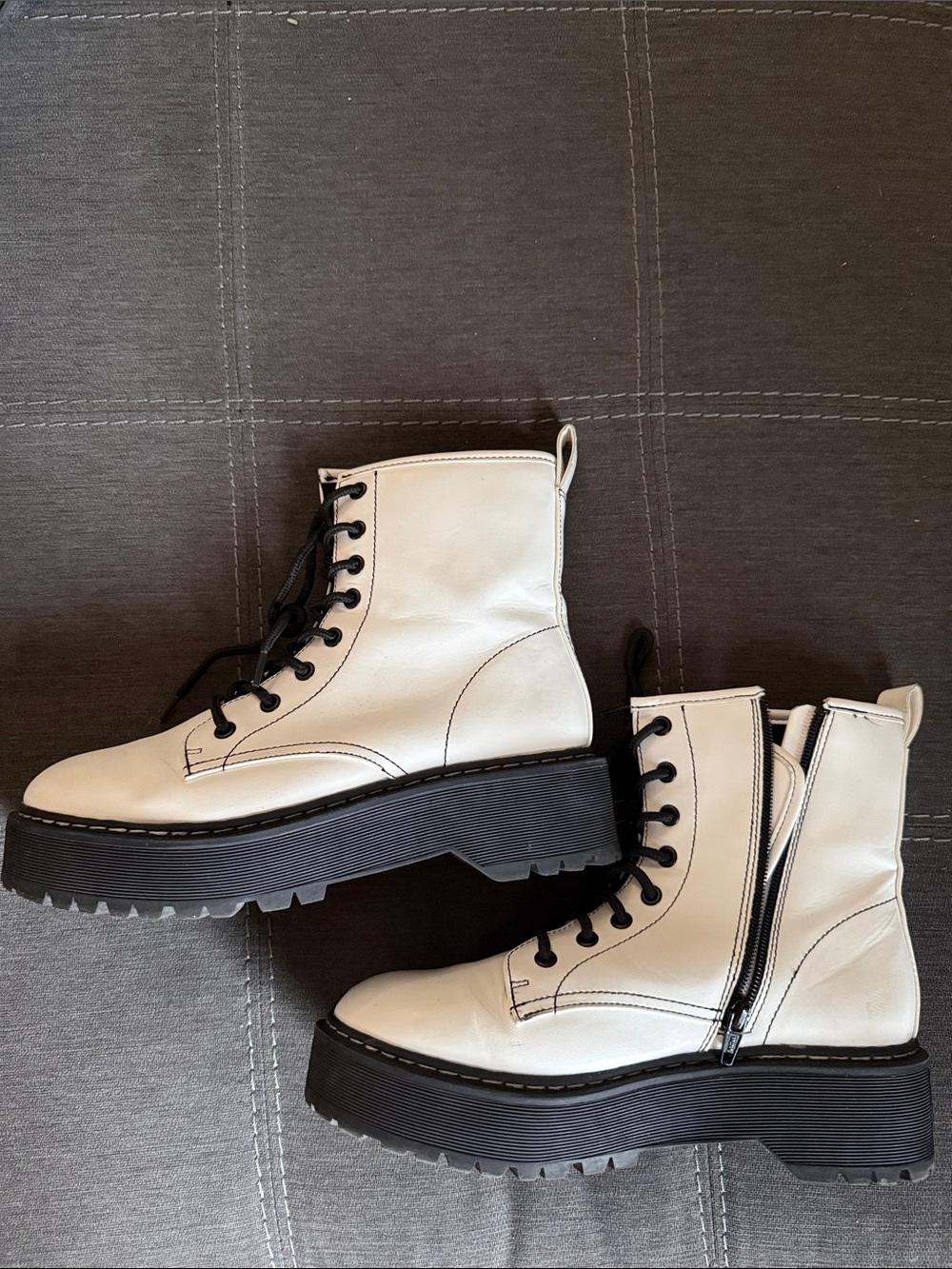 Like New White Platform Combat Boots with Black Lug Sole